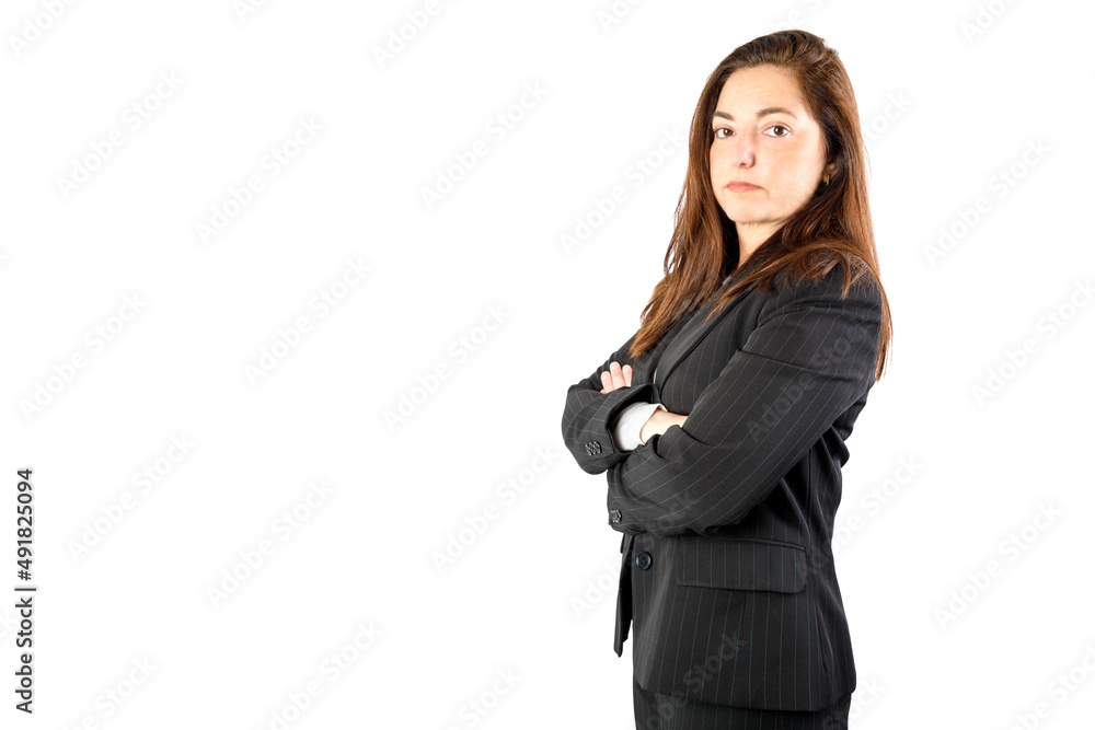 Serious business woman. Looking at camera with crossed arms. Isolated on white background. 40-45 years old caucasian woman. Serious business woman. Looking at camera with crossed arms. Isolated on white background. 40-45 years old caucasian woman.
