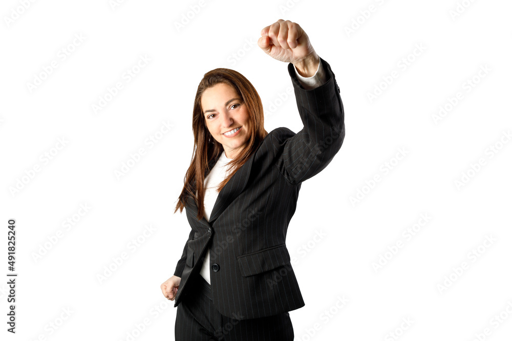 Happy woman rising her fist. Smiling looking at camera. Isolated on white background. 40-45 years old business woman. Happy woman rising her fist. Smiling looking at camera. Isolated on white background. 40-45 years old business woman.