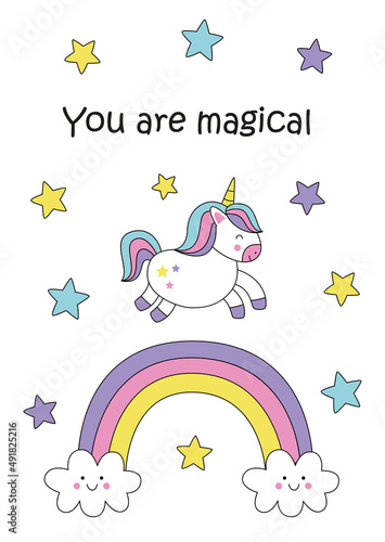 You are magical card with cute cartoon unicorn.