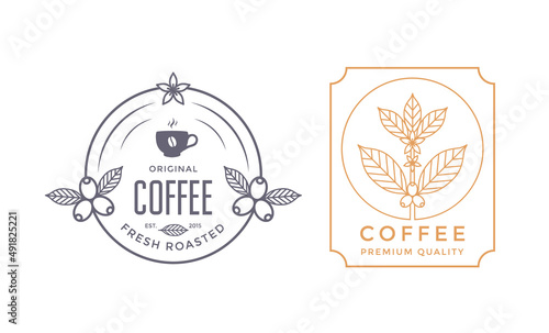 Coffee house badges or labels design with coffee branch, berry and cup. Emblem or for cafe.