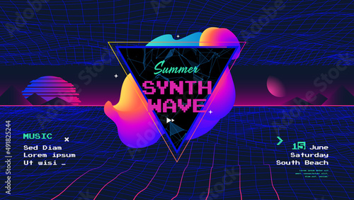 Summer synth Retro wave poster with sunrise. Sci-Fi futuristic background in 80s style. Electronic Music Neon flyer of the 80s.