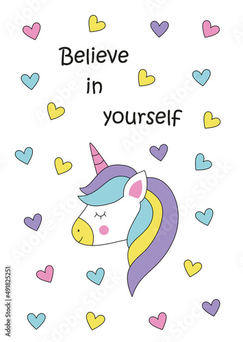 I believe in you card with cute cartoon unicorn.