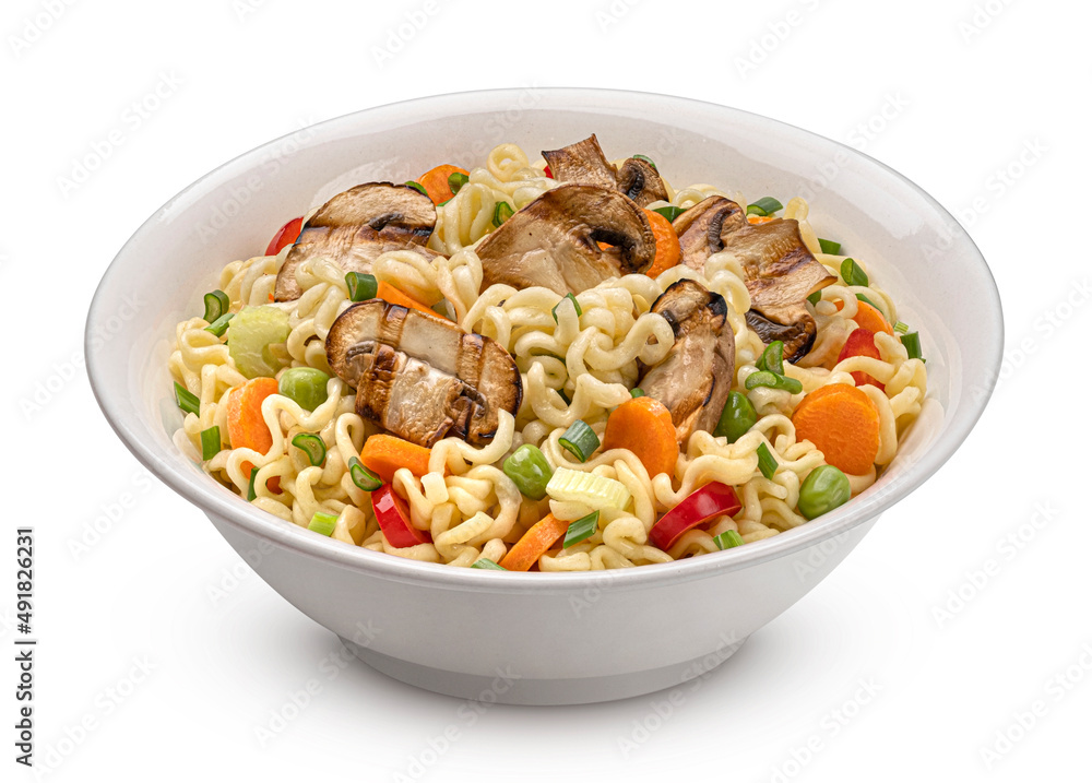 Instant noodles with grilled mushrooms on white background