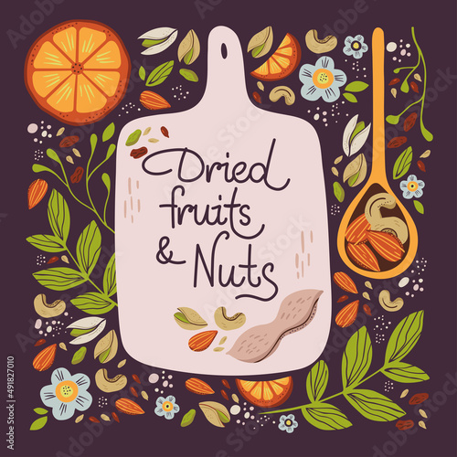Hand drawn dried fruits and nuts. Ingredients of healthy snack. Vector illustration