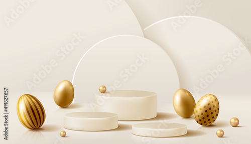 Easter banner for product demonstration. Round pedestal or podium with gold Easter eggs on cream background.