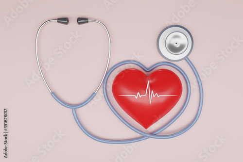 3D render red heart with a medical stethoscope isolate on pink background. Blood pressure control. Heart and heartbeat. Healthcare and Hospital life insurance concept. 3D rendering illustration. © vensto