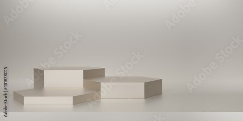 Shiny cream hexagon pedestal or podium on cream background. Metallic Ivory hexagon cube Blank display or clean room for showing product. Minimalist mockup for podium display or showcase. 3D rendering.
