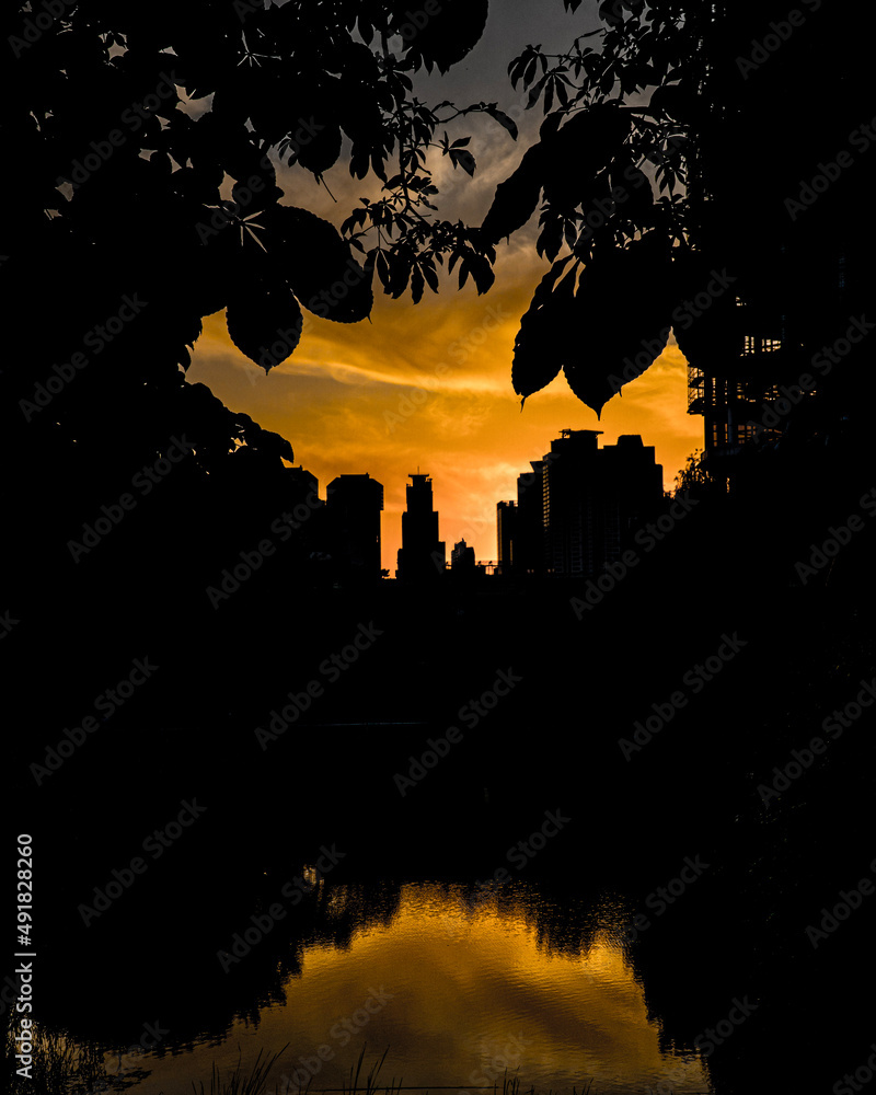 silhouette of a city and reflection , golden hour