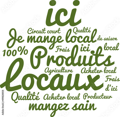 Produits locaux, nuage de mots : mangez sain, mangez local, frais d'ici. photo