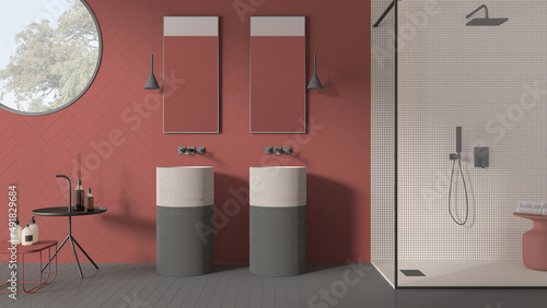Contemporary bathroom in red pastel tones, modern ceramics tiles, double washbasin, mirrors, shower with mosaic and glass, round window, minimalist interior design concept idea © ArchiVIZ