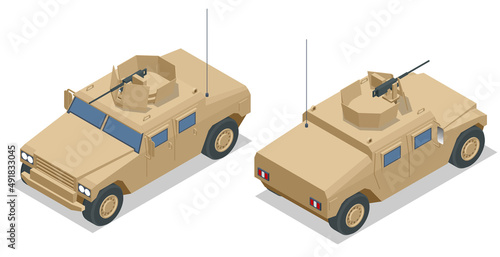 Isometric Military off-road car. Armored infantry vehicle. Heavy trucks, all-terrain vehicle. Armored Car isolated on a white background