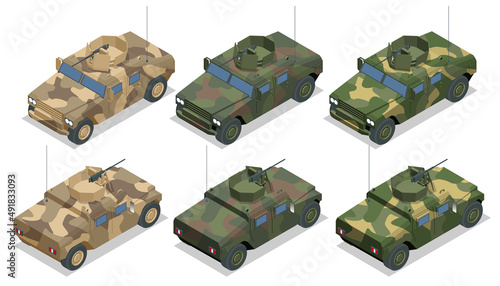 Isometric Military off-road car. Armored infantry vehicle. Heavy trucks, all-terrain vehicle. Armored Car isolated on a white background