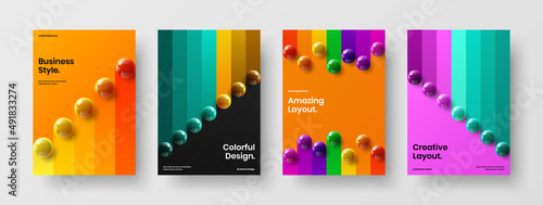 Minimalistic realistic spheres magazine cover illustration bundle. Trendy banner vector design concept set.
