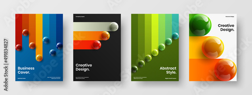 Modern 3D spheres front page layout composition. Abstract company identity A4 vector design illustration bundle.