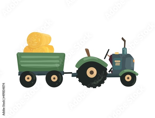 Tractor with trailer. Hay in prikpe. Farm transport. Farmer's work