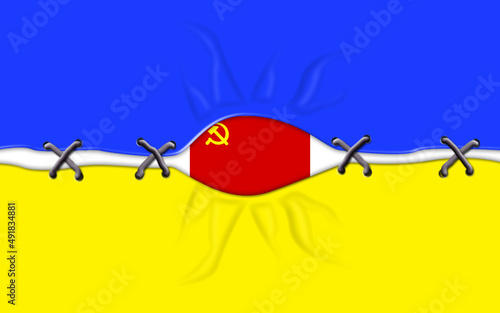 patched Ukraine flag stitches torn by russia 