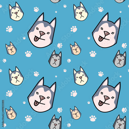 Seamless pattern cute husky on blue background 