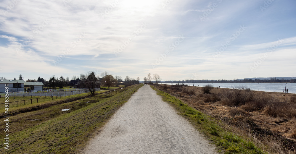Scenic Pathway by Pitt River during a sunny winter day. Taken in Pitt Meadows, Vancouver, British Columbia, Canada.