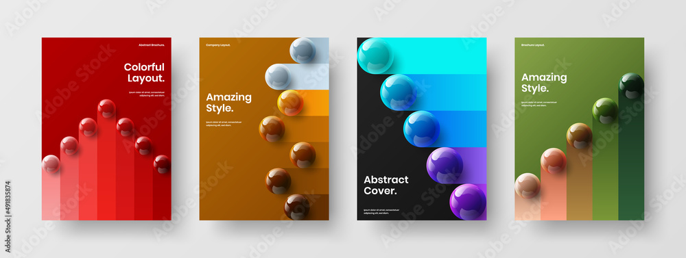 Minimalistic pamphlet A4 design vector layout set. Creative realistic balls catalog cover template collection.