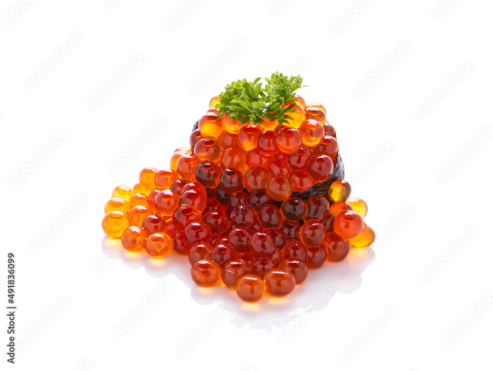 ikura sushi, overflowing sushi on white background. ikura sushi, overflowing sushi on white background.