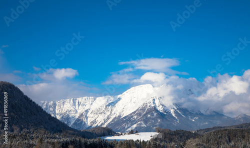 Spectacular views of the Dead Mountain between clouds above the Grundlsee. Popular tourist attraction. place place. loser mountain. District of Liezen  Styria  Austria