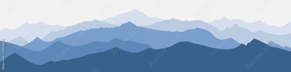 Vector illustration of mountains, ridge in the morning haze, panoramic view.