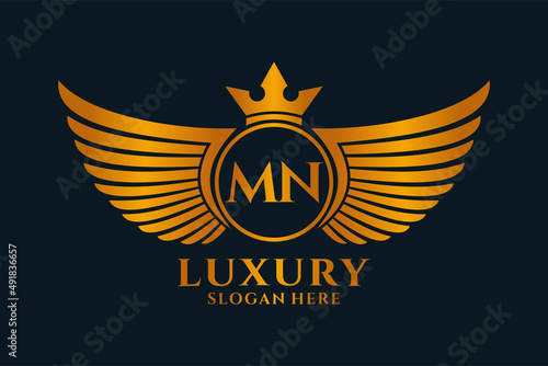 Luxury royal wing Letter MN crest Gold color Logo vector, Victory logo, crest logo, wing logo, vector logo template.