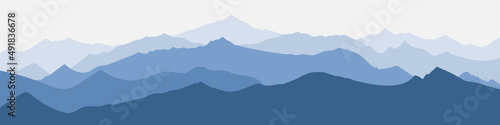 Vector illustration of mountains, ridge in the morning haze, panoramic view.