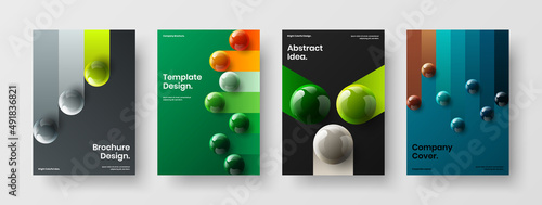 Multicolored journal cover design vector illustration bundle. Minimalistic 3D spheres pamphlet template composition.