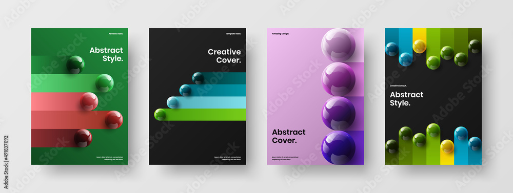 Unique realistic spheres leaflet template set. Amazing booklet A4 vector design layout composition.