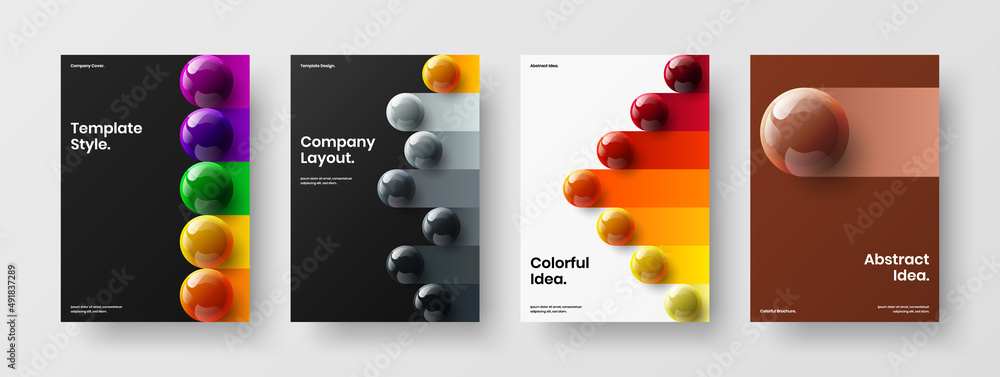 Geometric corporate identity design vector illustration collection. Original 3D balls booklet template bundle.
