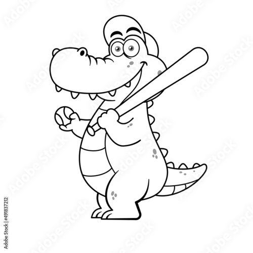Funny Baseball Player Crocodile Cartoon Character Outline Premium Vector