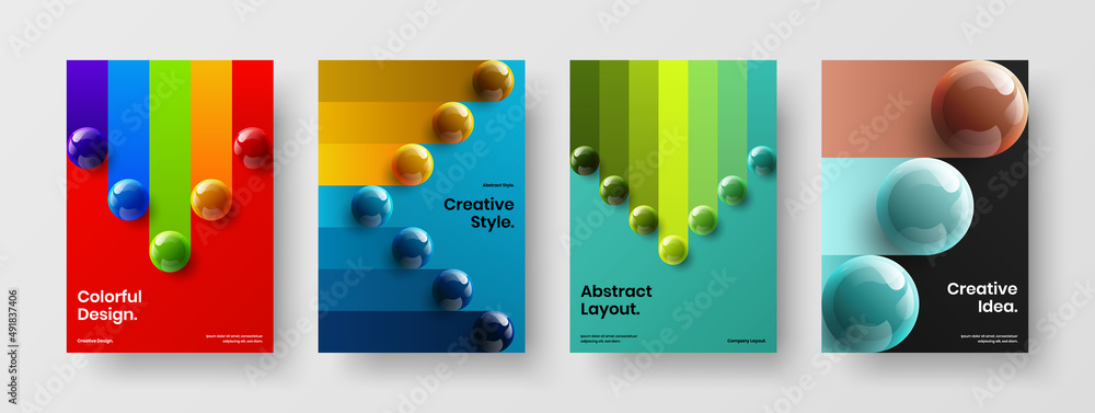 Colorful annual report vector design layout bundle. Amazing 3D balls company brochure illustration set.