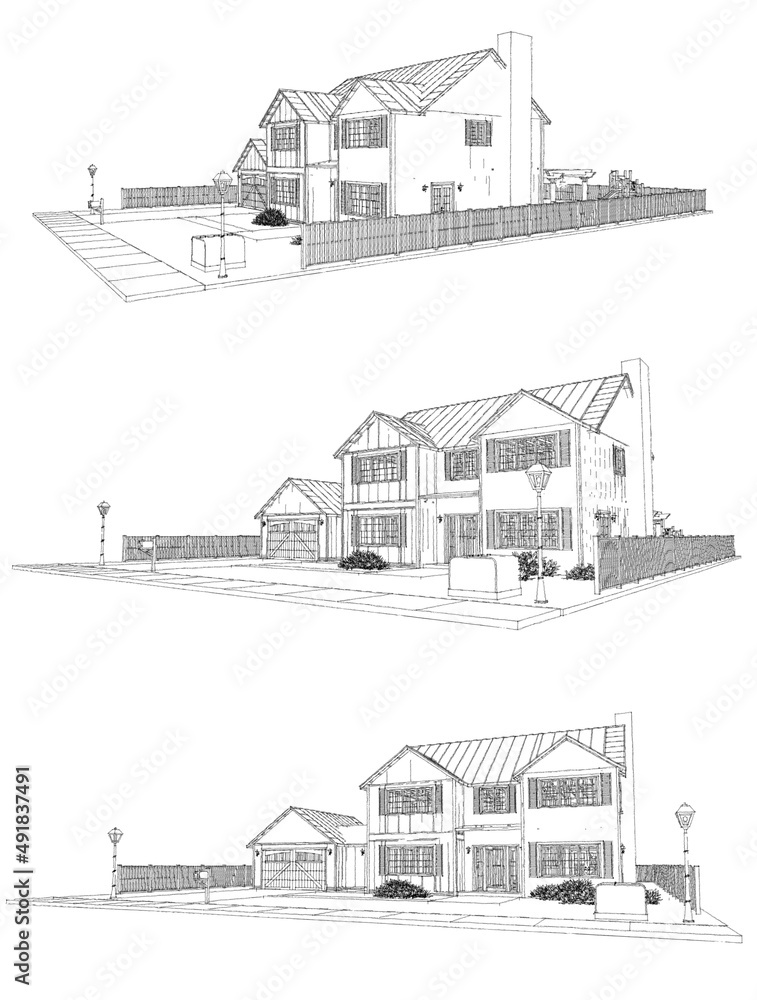 3d illustration. Modern house with garden and garage. 3d rendering.