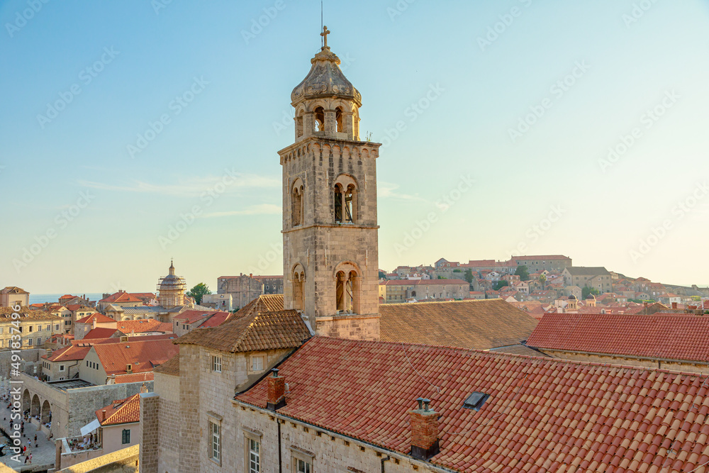 Dubrovnik walls of Croatia. Dubrovnik Cathedral of the Assumption of the Virgin Mary, built in 17th century. Dubrovnik of Croatia in Dalmatia. Bell tower of the Dominican monastery and church