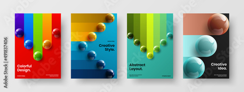 Colorful annual report vector design layout bundle. Amazing 3D balls company brochure illustration set.