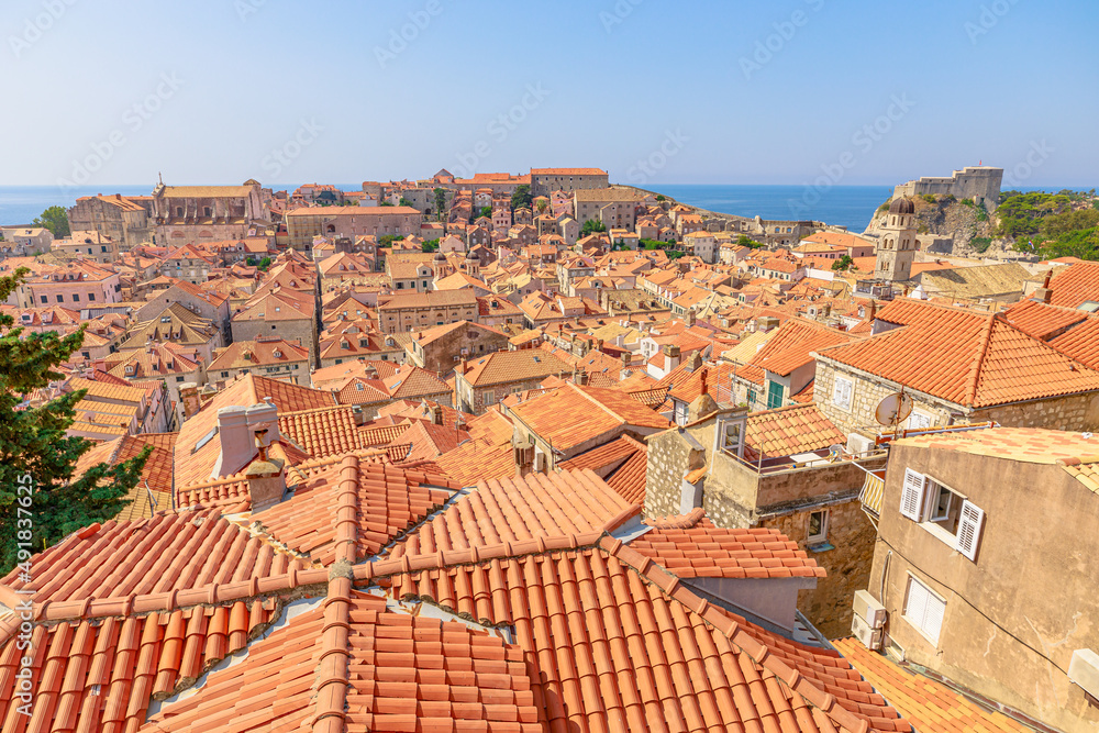 Aerial view on Dubrovnik post in Croatia. View of Cathedral of the Assumption of the Virgin Mary and church Crkva sv. Vlaho Saint Biagio of Dubrovnik. UNESCO town of Croatia in Dalmatia