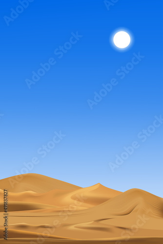 Desert panorama landscape with sand dunes and sun on clear blue sky in a hot sunny day summer, Vector illustration vertical backdrop beautiful nature beach sand, Concept for Summer background