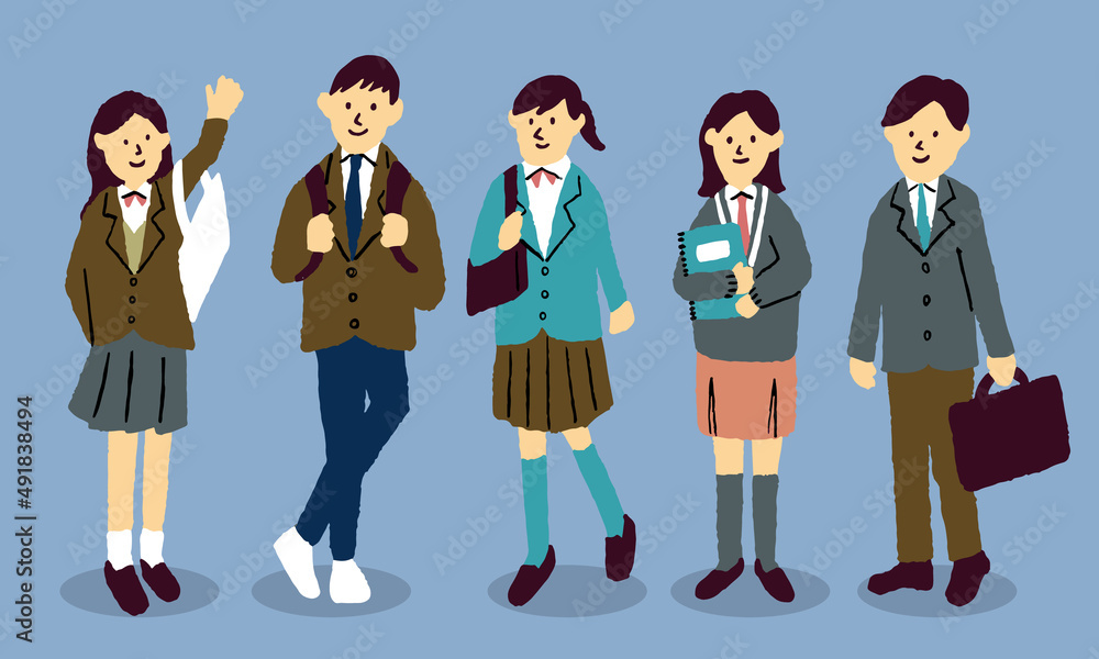制服を着た男女の高校生5人のイラストstock Vector Adobe Stock