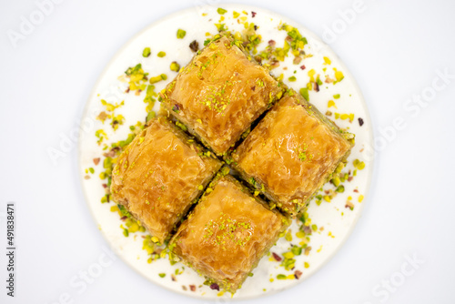 Pistachio baklava. Close-up. Traditional Middle Eastern Flavors. Traditional Turkish baklava. Top view. local name fistikli baklava