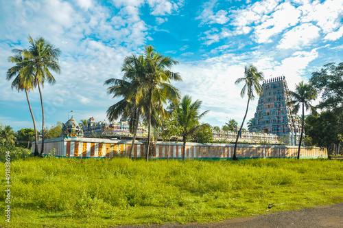 Beautiful view of the Kothamangalam Amman Temple taken in the morning sunlight. pudukkottai, Tamil Nadu, South India.
