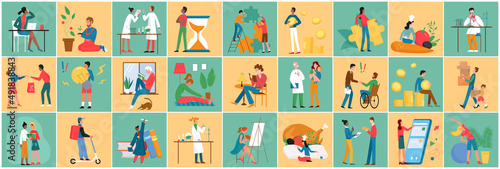 People in lifestyle scenes vector illustration. Cartoon woman and man characters work in office or science laboratory, study or read book, do yoga or hobby, disabled person in wheelchair background