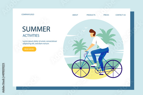 Young man riding a bicycle on the beach. Illustration of the concept of an active and healthy lifestyle.
