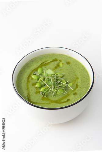 Vegetarian broccoli and spinach cream soup. Healthy food. Healthy lifestyle. Lean menu. Isolated object. Photo on a white background.Isolated object.Copy space.