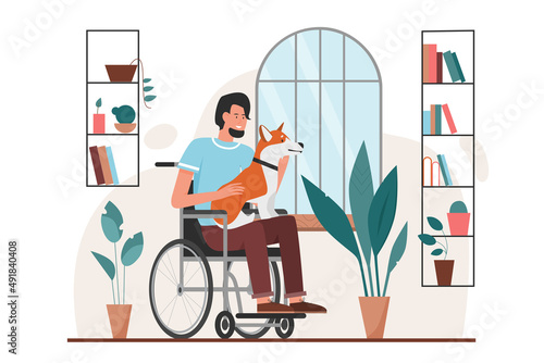 Happy disabled man with funny dog friend. Young person sitting in wheelchair near window in home interior, smiling guy holding animal in hand flat vector illustration. Disability, pet adoption concept