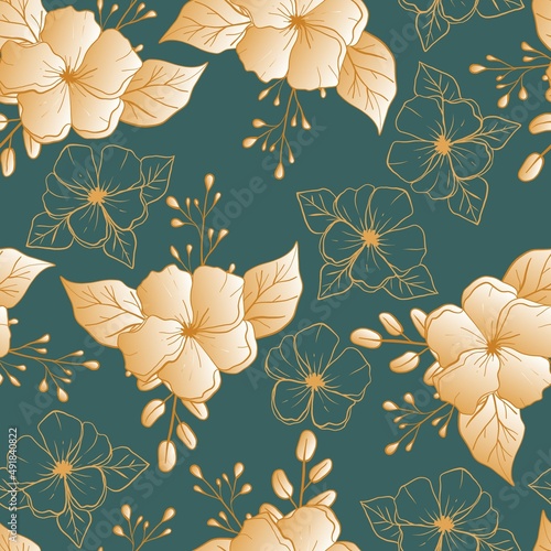 Seamless pattern with rose flowers, leaves and buds on a green background. Vector illustration.