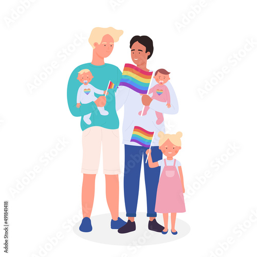 Happy gay couple with three adopted children. Lgbt parenting and rights community cartoon vector illustration