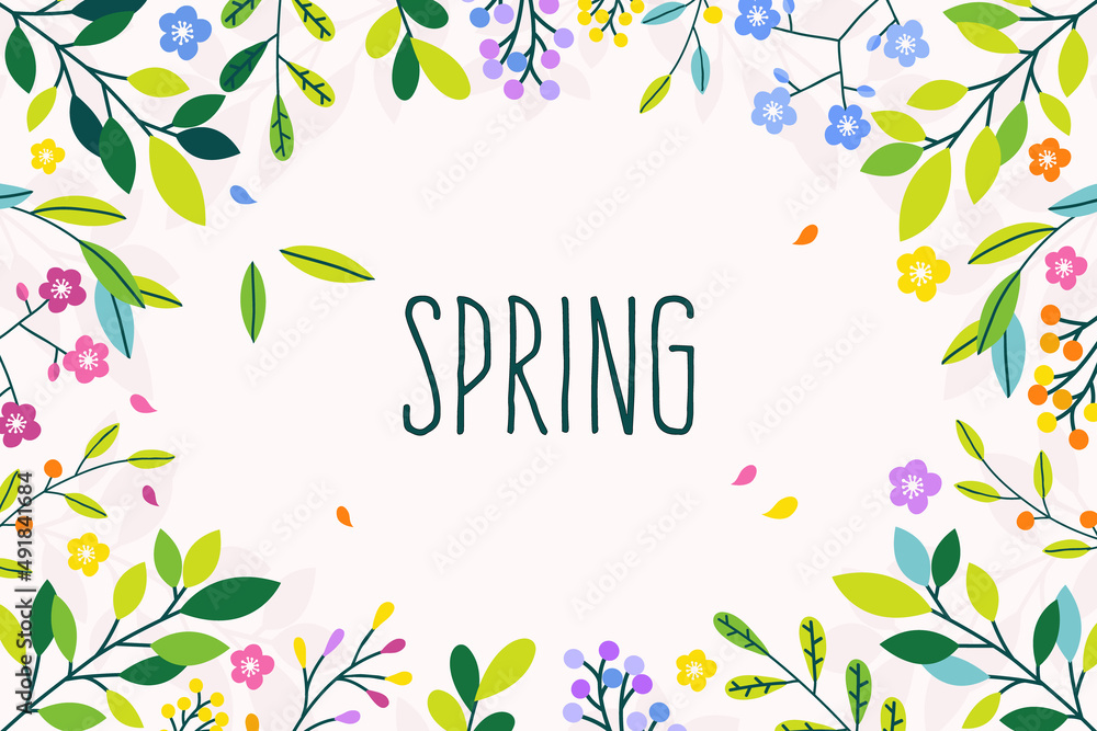 Spring background with colorful flowers and green leaves. Vector illustration. Spring background with colorful flowers and green leaves. Vector illustration.