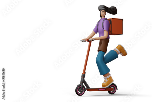 Delivery man riding a scooter with delivery box, 3d rendering