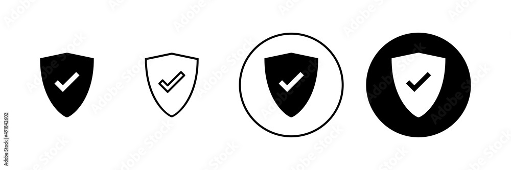 Shield check mark icons set. Protection approve sign. Insurance icon Shield check mark icons set. Protection approve sign. Insurance icon